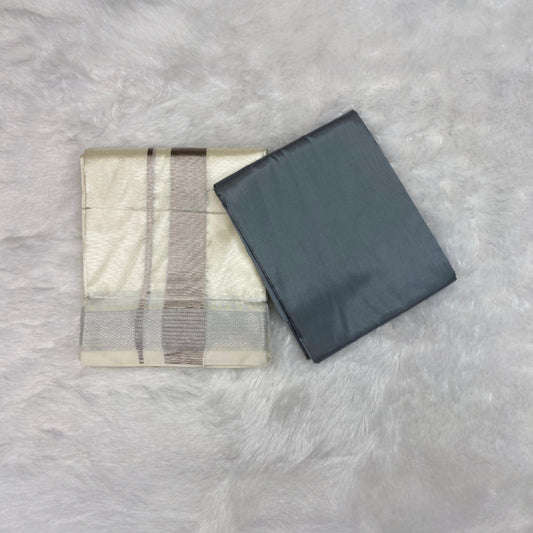 HORAD Premium Art Silk Cream with Silver Dhoti with Steel Grey Shirt Material