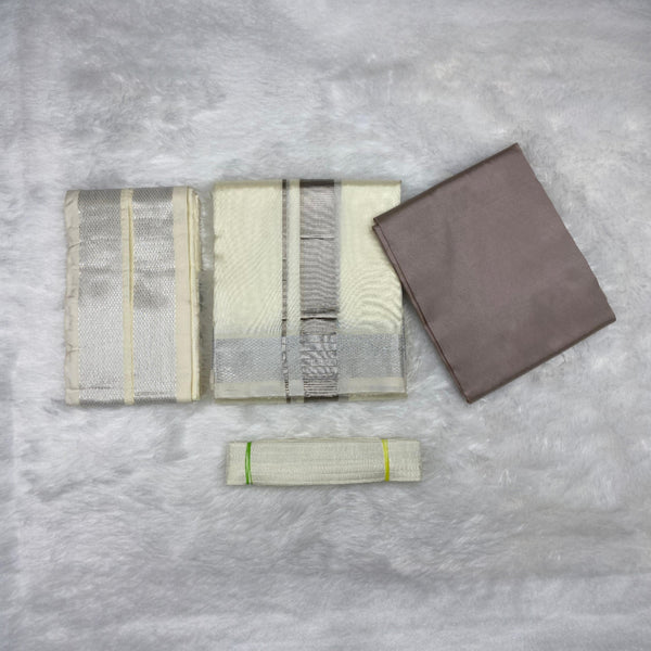 HORAD Premium Art Silk Cream with Silver Dhoti with Sandstone Shirt Material + Angavastram + Belt