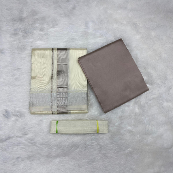 HORAD Premium Art Silk Cream with Silver Dhoti with Sandstone Shirt Material + Belt