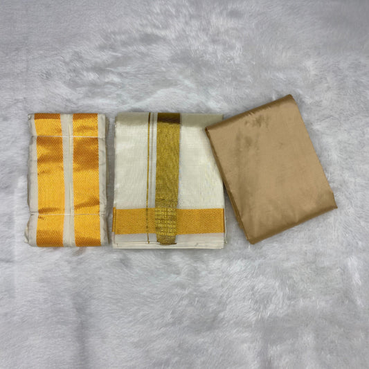 HORAD Premium Art Silk Light Gold Shirt Material with Cream with Gold Dhoti + Angavastram