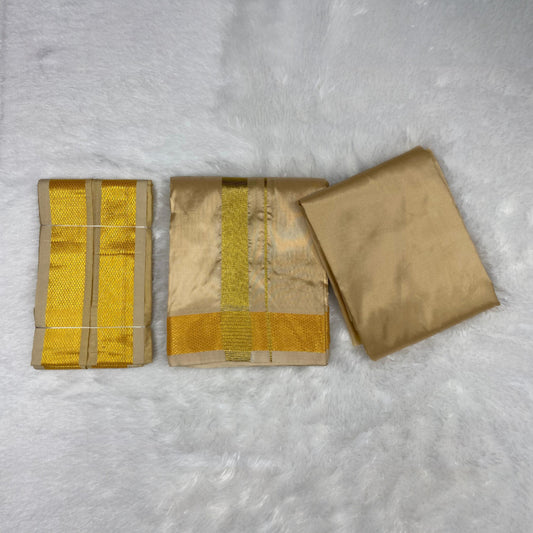 HORAD Premium Art Silk Light Gold  Shirt Material (3 Meter) + (9X5) Dhoti + Angavastram