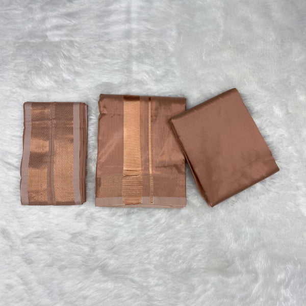 HORAD Premium Art Silk Copper  Shirt Material (3 Meter) + (9X5) Dhoti + Angavastram