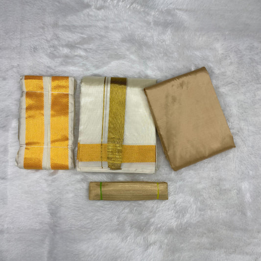 HORAD Premium Art Silk Light Gold Shirt Material with  Cream Dhoti + Angavastram + Belt