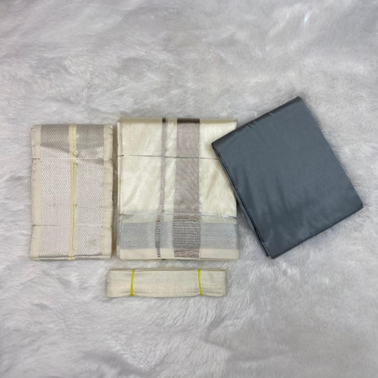 HORAD Premium Art Silk Steel Grey Shirt Material (3 Meter) + Cream with Silver (9X5) Dhoti + Angavastram + Belt