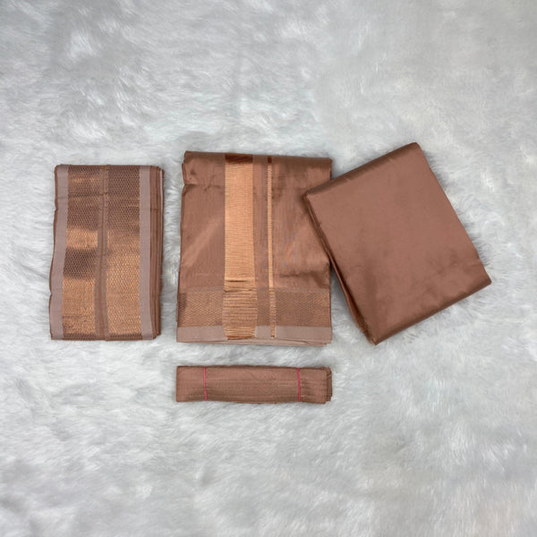 HORAD Premium Art Silk Copper Shirt Material (3 Meter) + (9X5) Dhoti + Angavastram + Belt