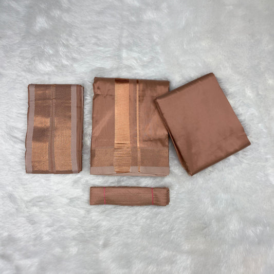 HORAD Premium Art Silk Copper Shirt Material (3 Meter) + (9X5) Dhoti + Angavastram + Belt