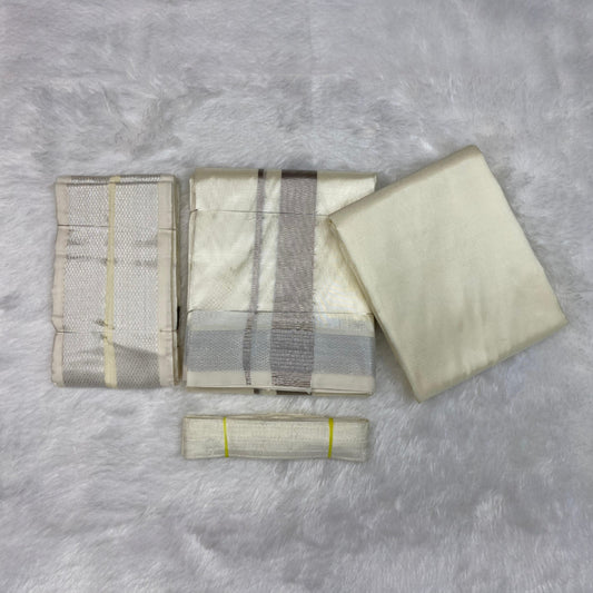 HORAD Premium Art Silk Cream with Silver Zari Dhoti with Cream Shirt Material + Angavastram + Belt