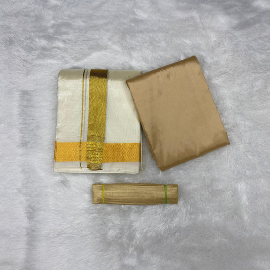 HORAD Premium Art Silk Cream with Gold Dhoti with Light Gold Shirt Material + Belt