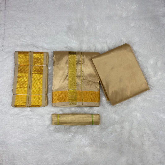 HORAD Premium Art Silk Light Gold  Shirt Material (3 Meter) + (9X5) Dhoti + Angavastram + Belt