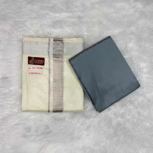 HORAD Premium Art Silk Cream with Silver Welcro Dhoti with Steel Grey Shirt Material
