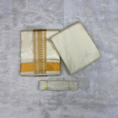 HORAD Premium Art Silk Cream with Gold Border Dhoti with Cream Shirt Material + Belt