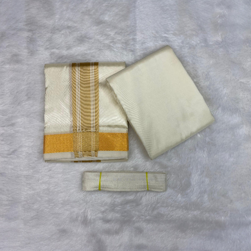 HORAD Premium Art Silk Cream with Gold Border Dhoti with Cream Shirt Material + Belt