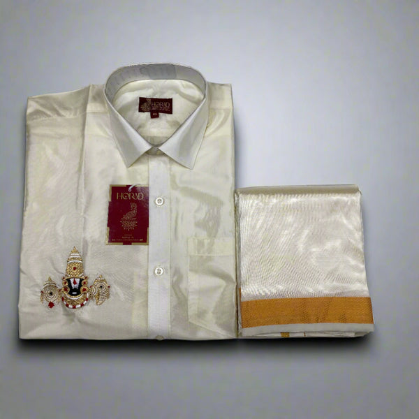 White embroidered shirt with a matching pocket square on a white background