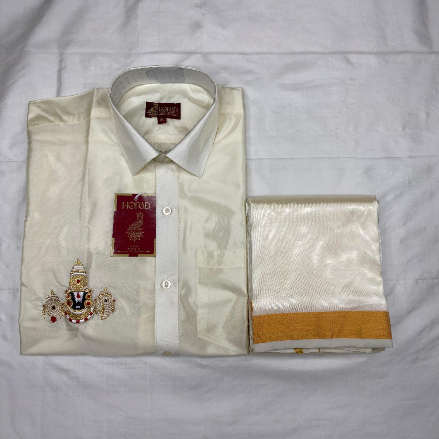 Horad Art Silk Cream Balaji Embroidery Shirt + Cream with Gold Border Dhoti