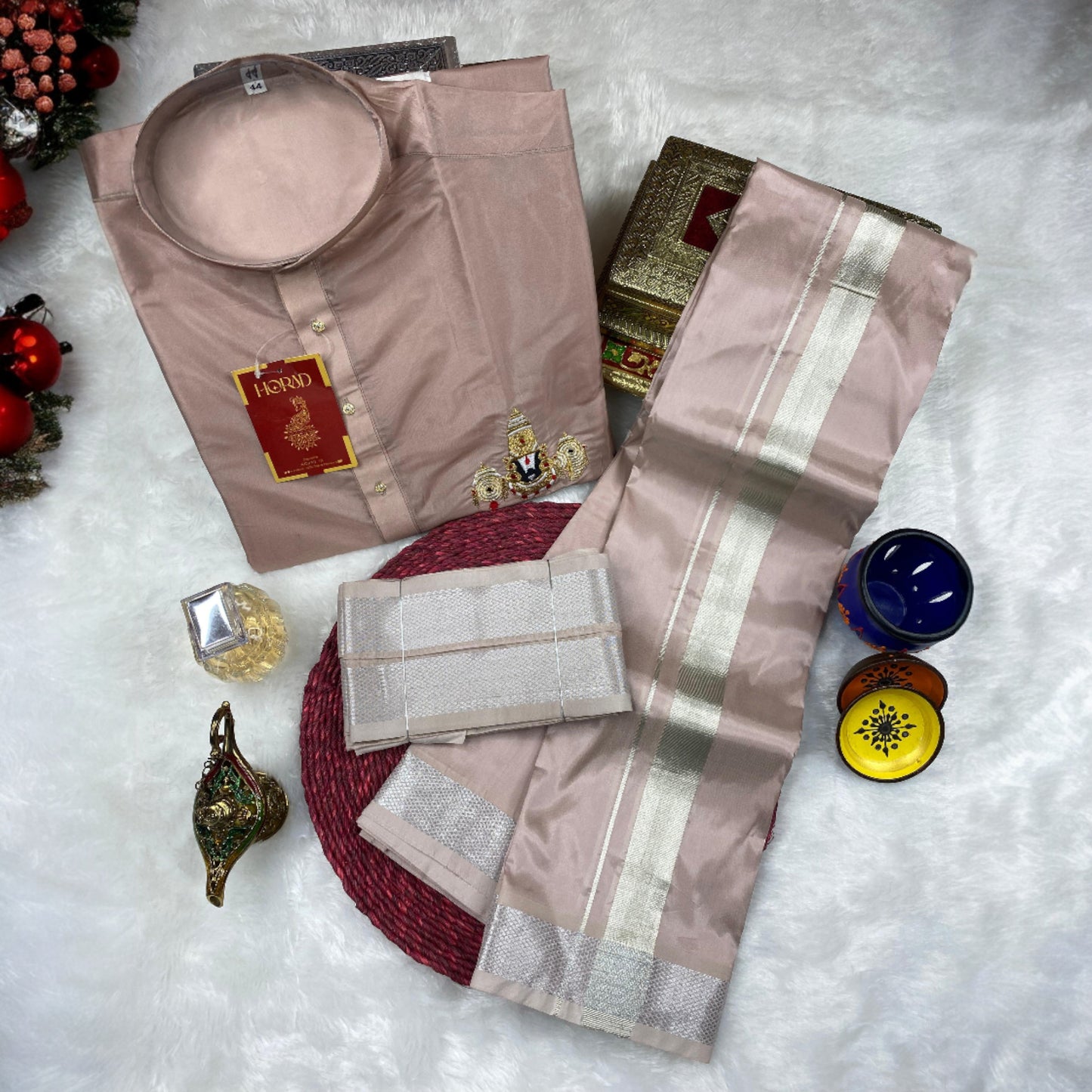 Horad Premium Art Silk Sandstone Balaji Embroidery Short Kurta + Dhoti + Angavastram