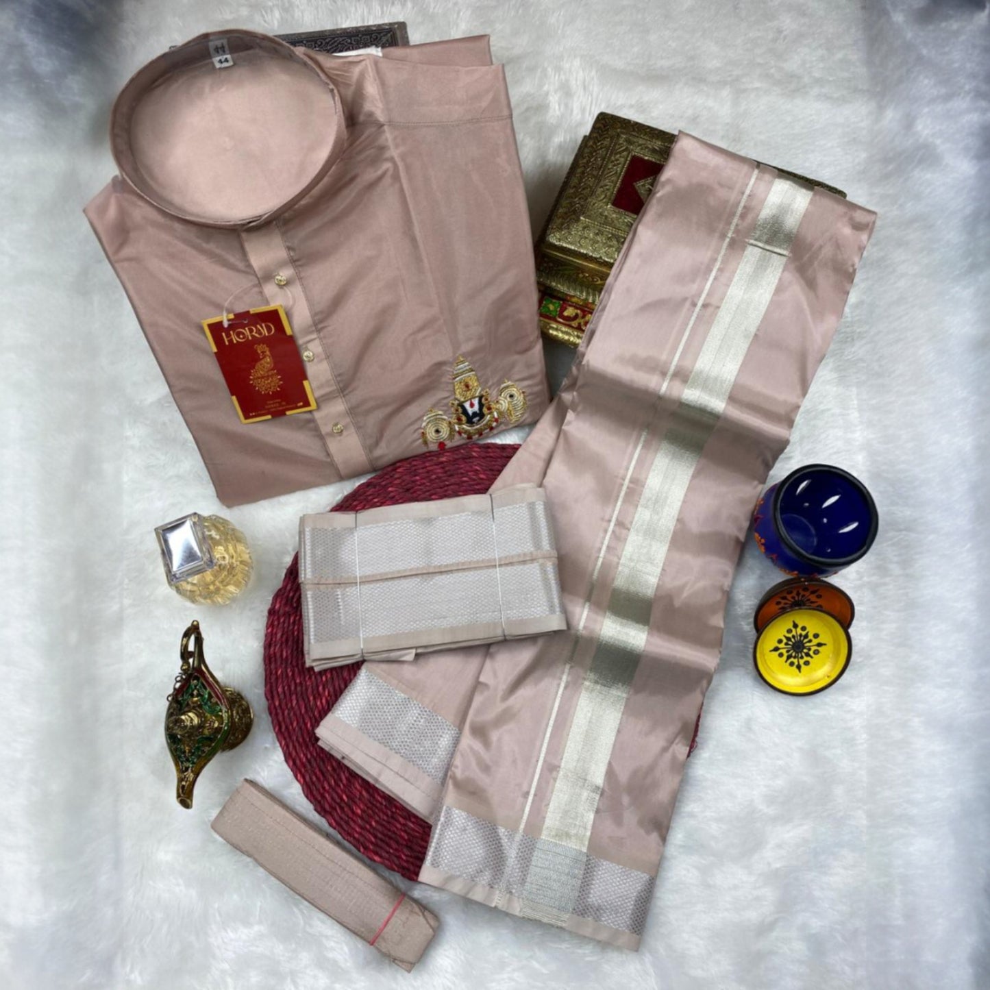 Horad Premium Art Silk Sandstone Balaji Embroidery Short Kurta + Dhoti + Angavastram + Belt