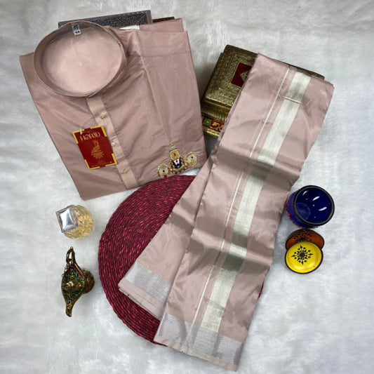 Horad Premium Art Silk Sandstone Balaji Embroidery Short Kurta + Dhoti