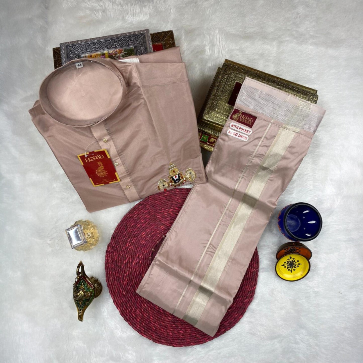 Horad Premium Art Silk Sandstone Balaji Embroidery Short Kurta + Welcro Dhoti