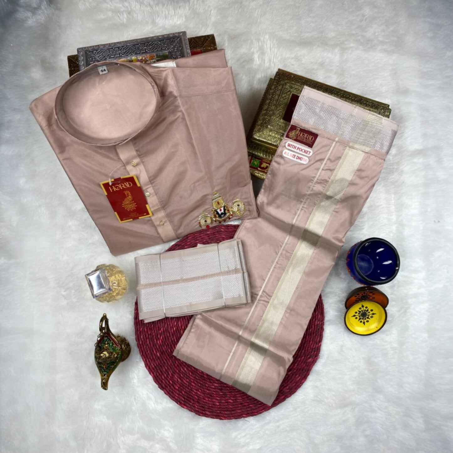 Horad Premium Art Silk Sandstone Balaji Embroidery Short Kurta + Welcro Dhoti + Angavastram