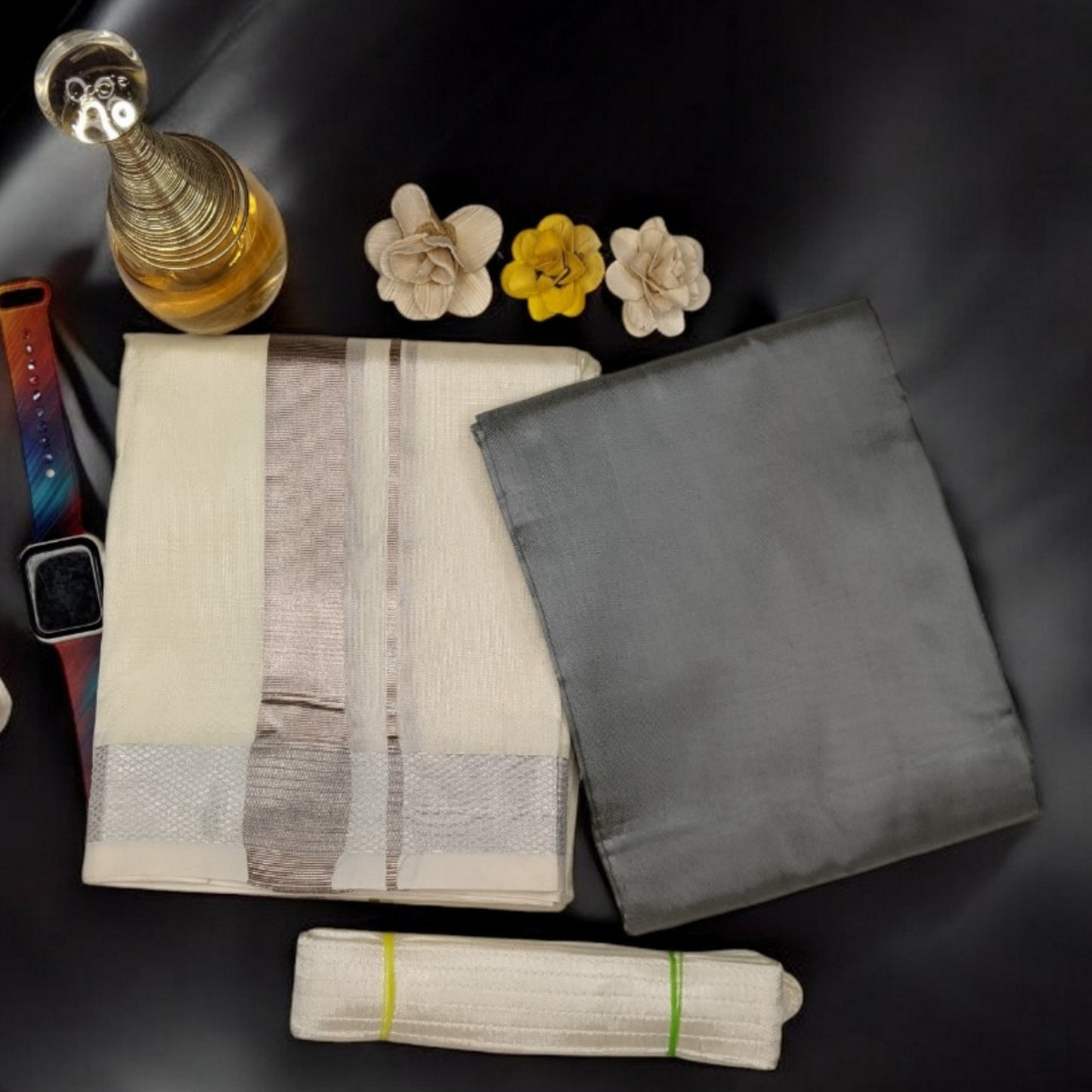 HORAD Premium Art Silk Cream Dhoti with Grey Shirt Material + Belt