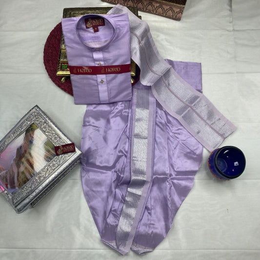 Horad Premium Art Silk Lavender Long Kurta + Panjakejam + Border Angavastram