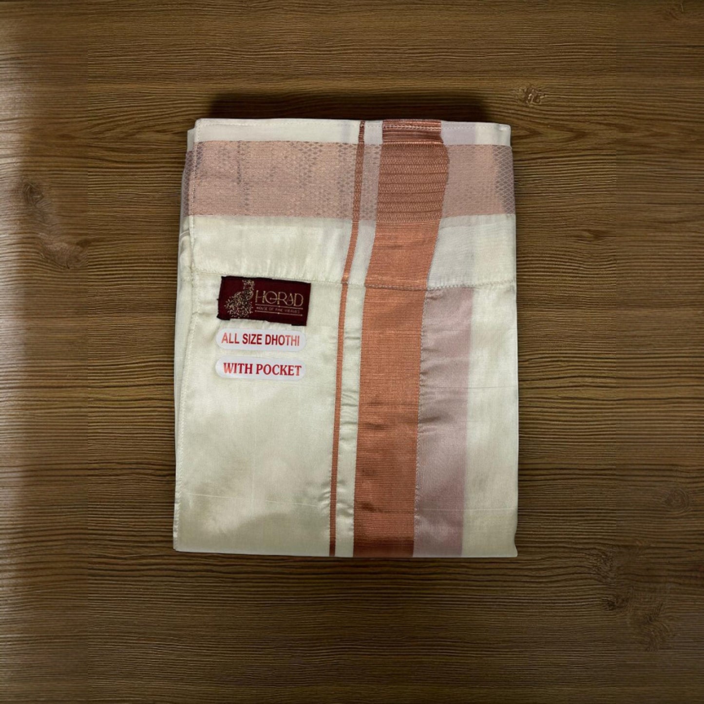 Horad Premium Art Silk Cream Balaji Embroidery Shirt + Cream with Copper Border Welcro Dhoti