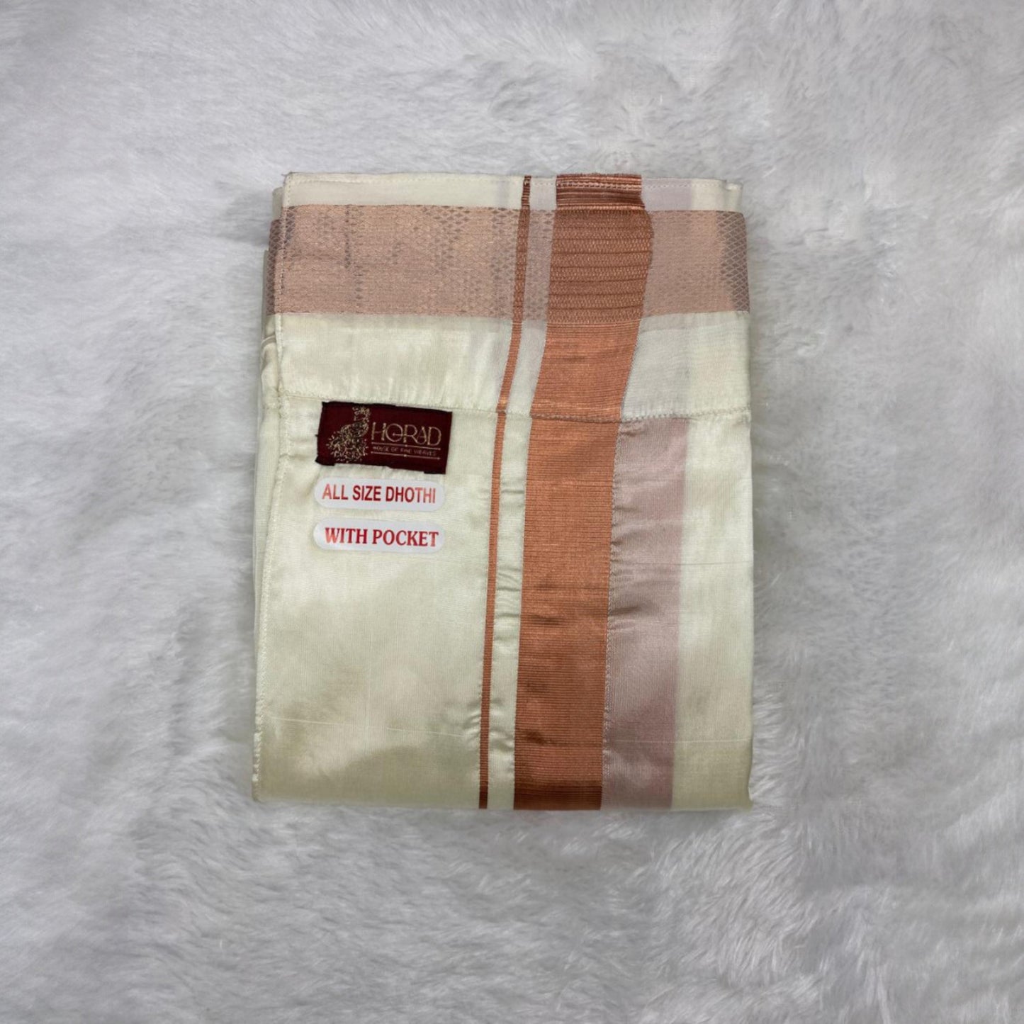 Horad Premium Art Silk Cream Balaji Embroidery Shirt + Cream with Copper Border Welcro Dhoti