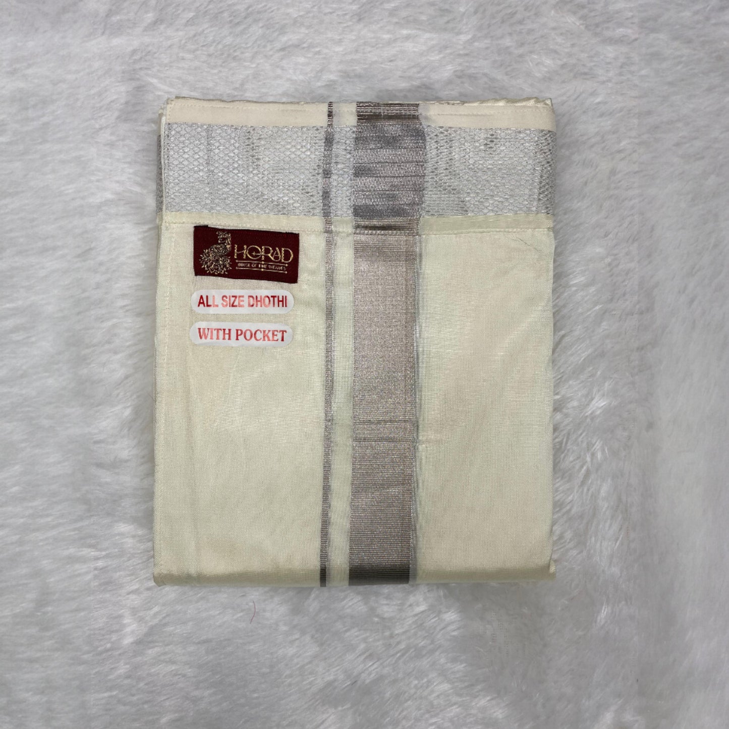 Horad Premium Art Silk Dad and Son Sandstone Shirt + Cream with Silver Welcro Dhoti + Angavastram