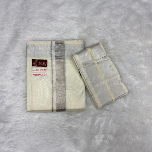 Horad Premium Art Silk Cream With Silver Zari Welcro Dhoti + Angavastram