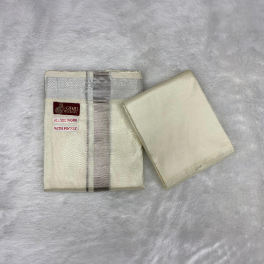 HORAD Premium Art Silk Cream With Silver Zari  Welcro Dhoti with Shirt Material