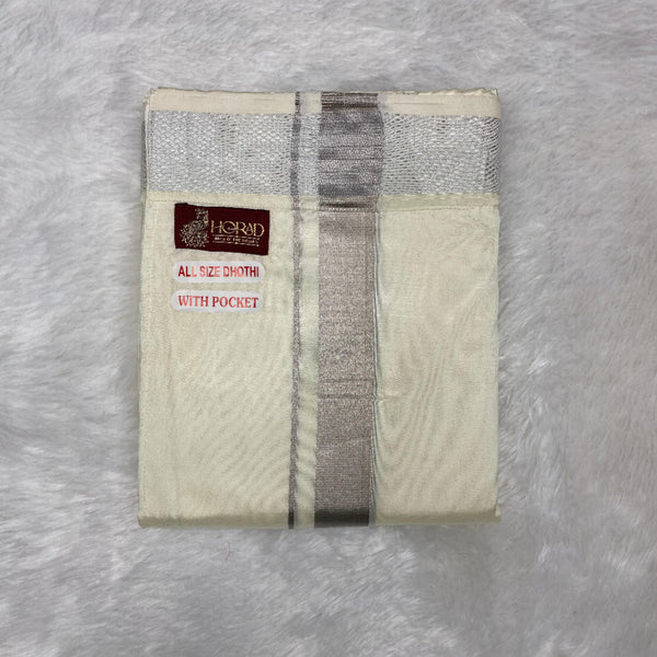 Horad Premium Art Silk Cream Balaji Embroidery Shirt + Cream with Silver Border Welcro Dhoti + Angavastram