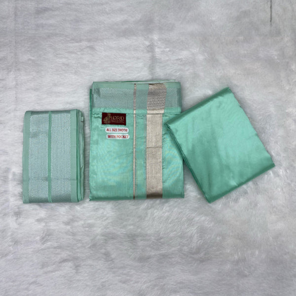 HORAD Premium Art Silk M.L.Green Welcro Dhoti with Shirt Material + Angavastram