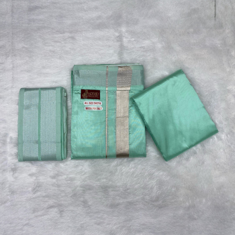 HORAD Premium Art Silk M.L.Green Welcro Dhoti with Shirt Material + Angavastram