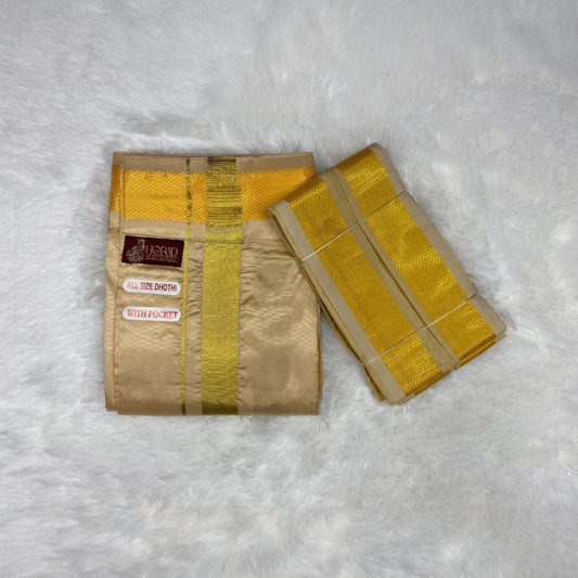 Horad Premium Art Silk Light Gold  Welcro Dhoti + Angavastram
