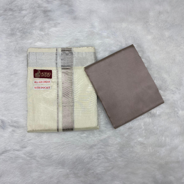 HORAD Premium Art Silk Cream with Silver Zari Welcro Dhoti with Sandstone Shirt Material