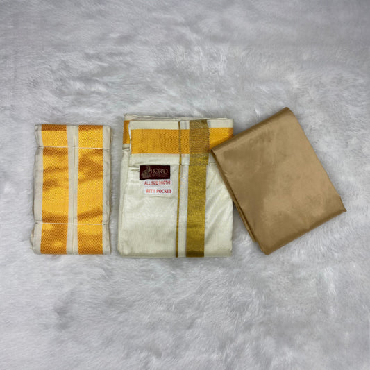 HORAD Premium Art Silk Light Gold Shirt Material with Cream with Gold  Welcro Dhoti + Angavastram