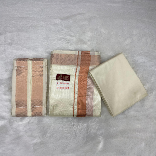 HORAD Premium Art Silk Cream with Copper Welcro Dhoti with Cream Shirt Material + Angavastram