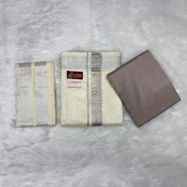 HORAD Premium Art Silk Cream with Silver Welcro Dhoti with Sandstone Shirt Material + Angavastram
