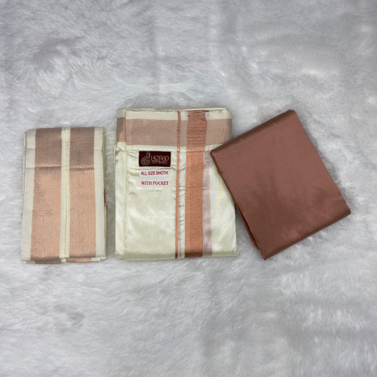 HORAD Premium Art Silk Cream Welcro Dhoti with Copper Shirt Material + Angavastram