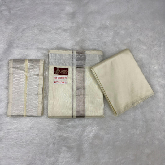 HORAD Premium Art Silk Cream with Silver Zari Welcro Dhoti + Shirt Material + Angavastram