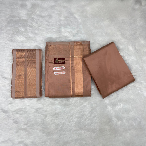 HORAD Premium Art Silk Copper  Welcro Dhoti with Shirt Material + Angavastram