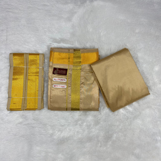 HORAD Premium Art Silk Light Gold  Welcro Dhoti with Shirt Material + Angavastram