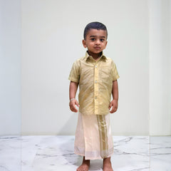 Horad Premium Art Silk Cream with FIR.Green+Silver Border Kids Set