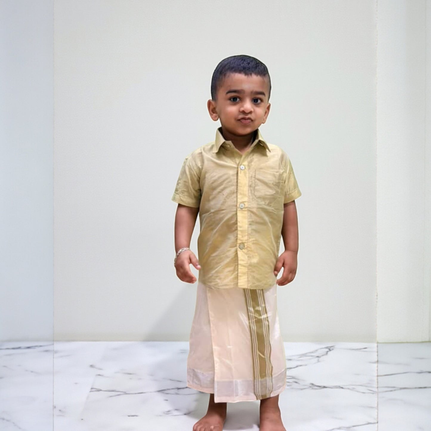 Horad Premium Art Silk Cream with FIR.Green+Silver Border Kids Set